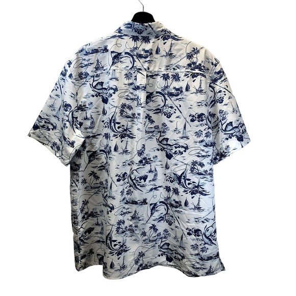 Chaps Shirt Mens XL White Blue Fish Print UPF50+ Hawaiian Fishing Button Down - Picture 3 of 11